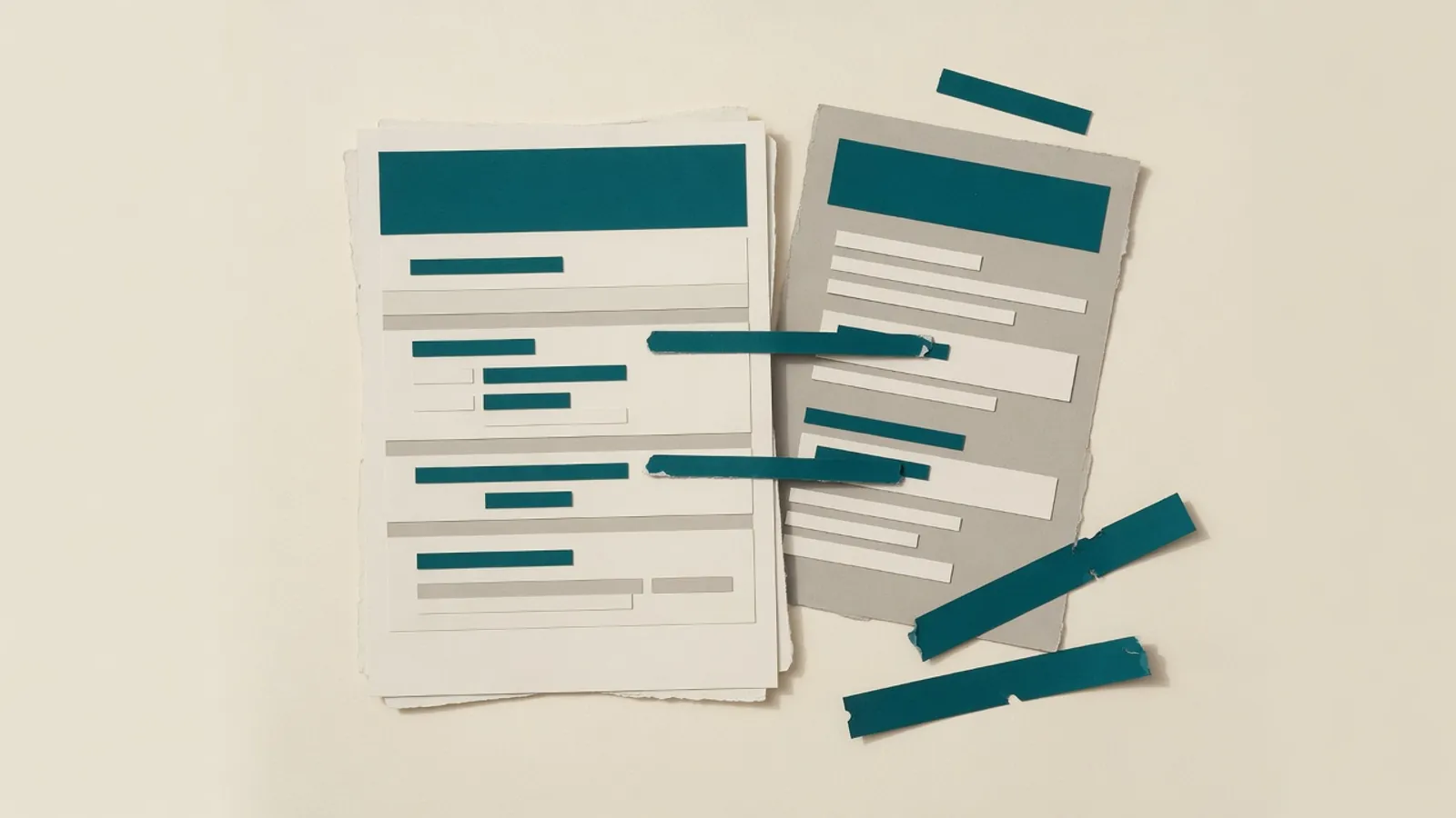 Resume sheet beside a job posting, with bars linking only existing lines and spare blank strips set aside.