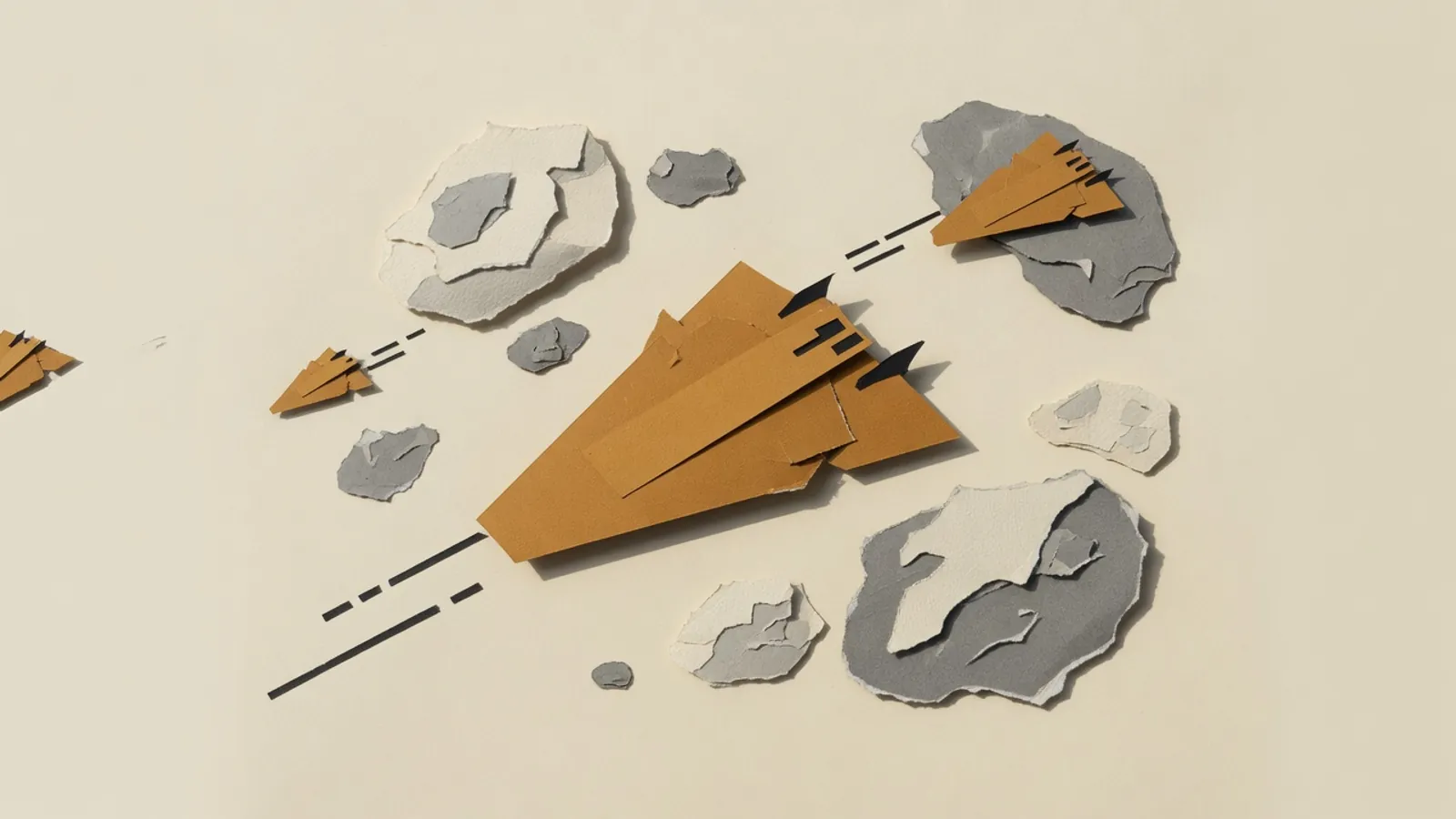 Several wedge-shaped spaceships among irregular asteroid rocks, with short shot lines between them.