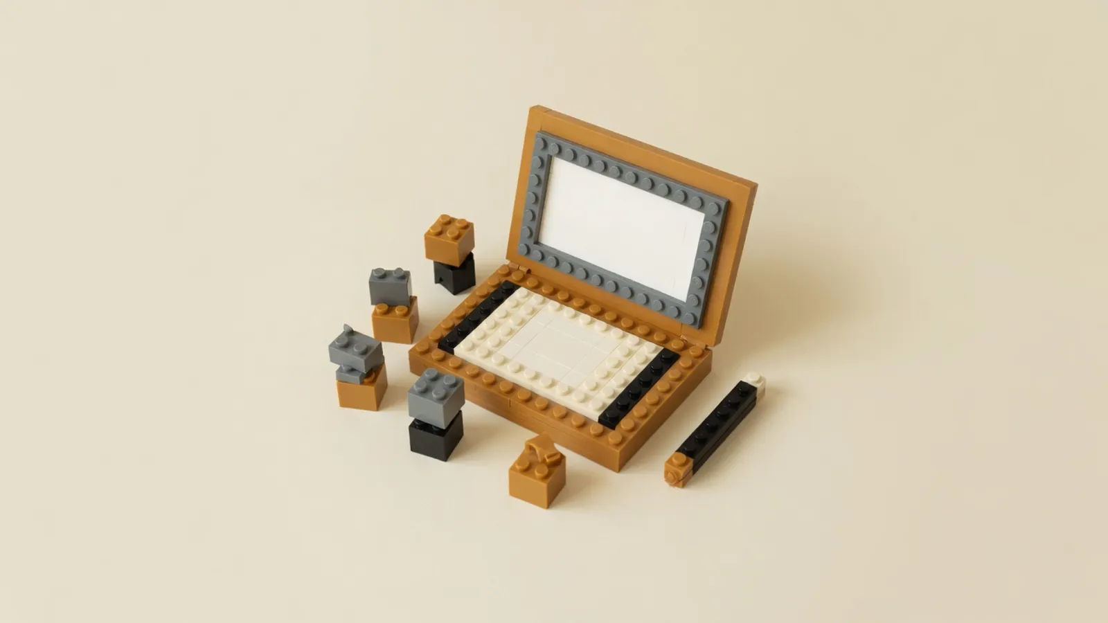Ochre brick laptop with a blank game screen, clustered player tokens and a pencil on cream ground.