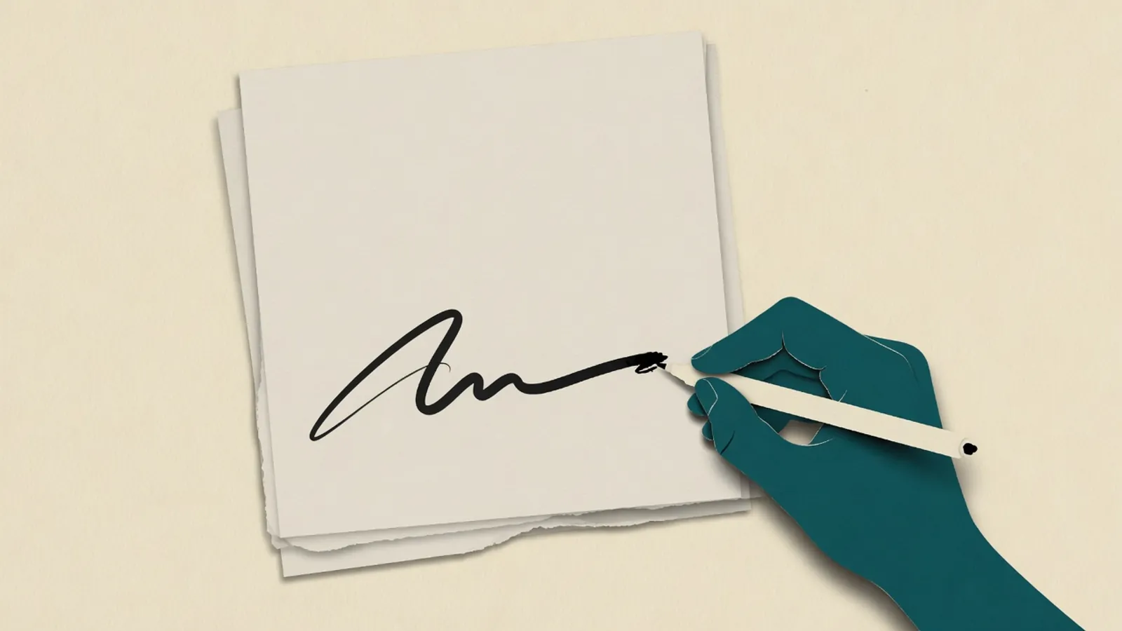 A document page with a signature stroke on its lower line, a hand holding a pen finishing the stroke.