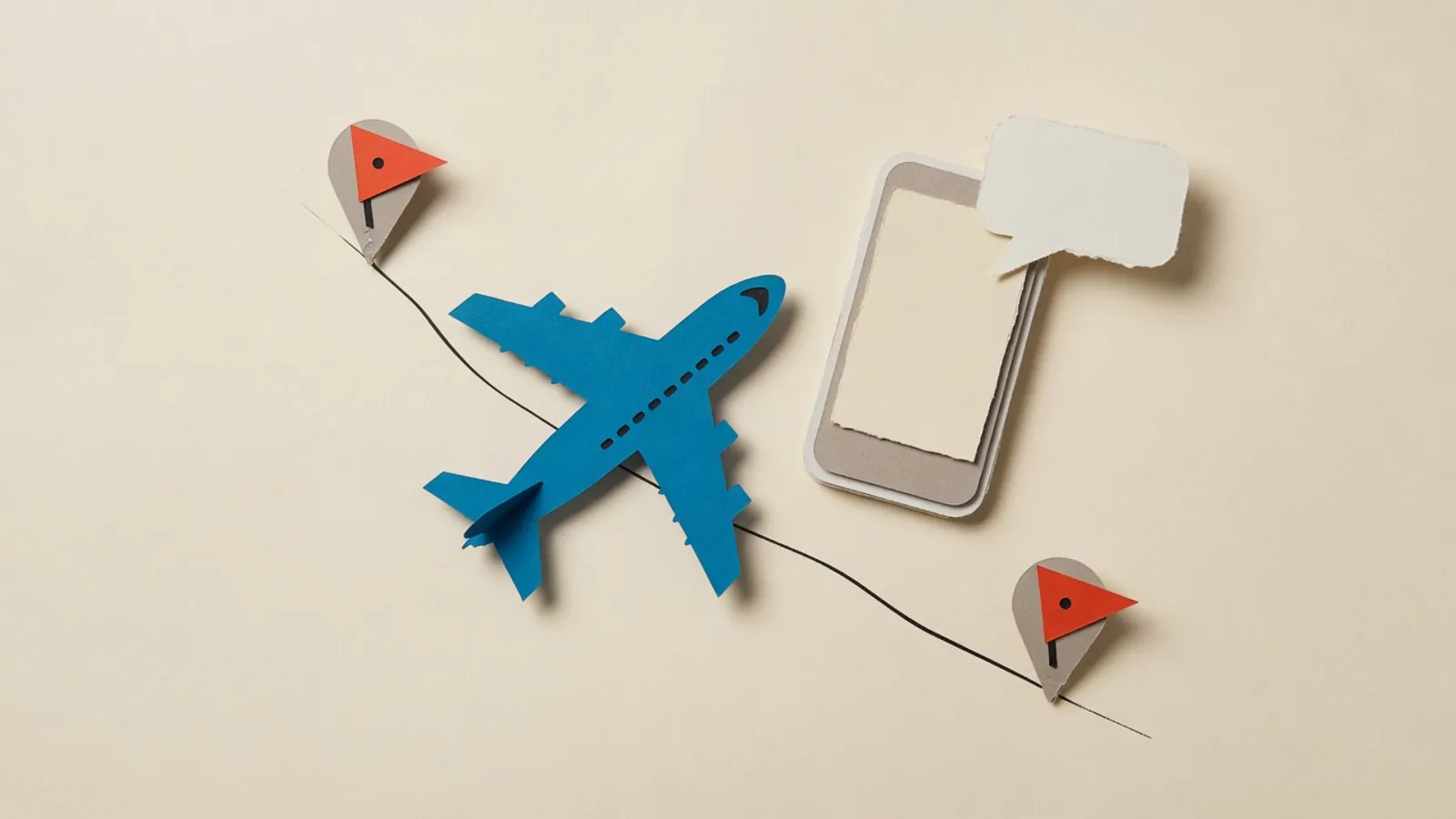 Airplane on an unbroken route between two map pins beside a phone with a blank alert bubble