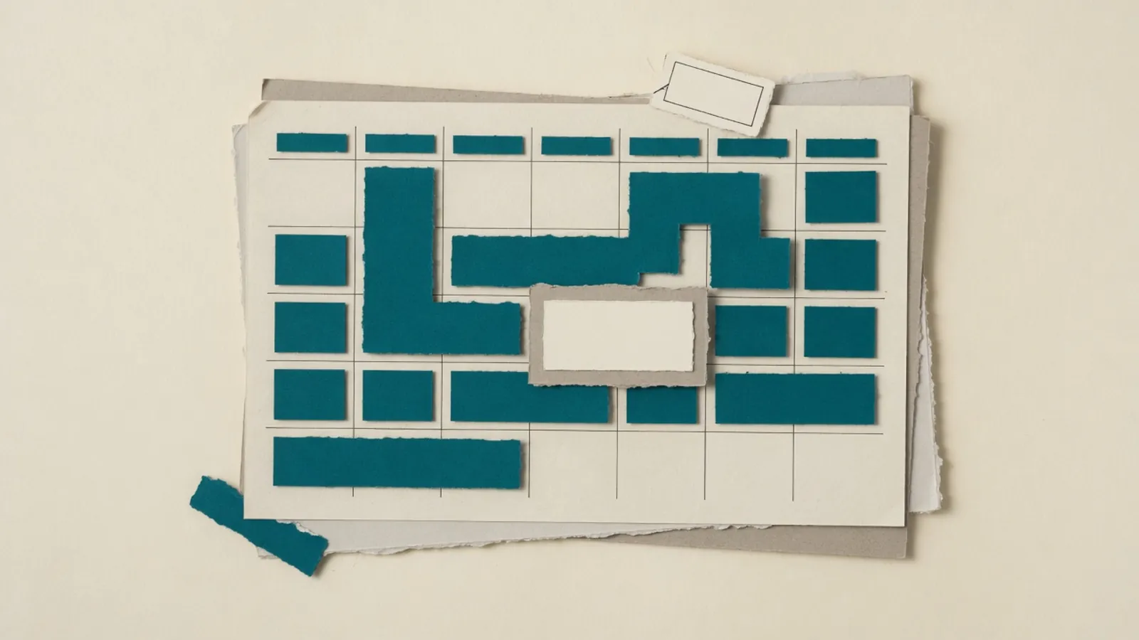 A week calendar grid with solid meeting blocks converging on one empty shared slot.