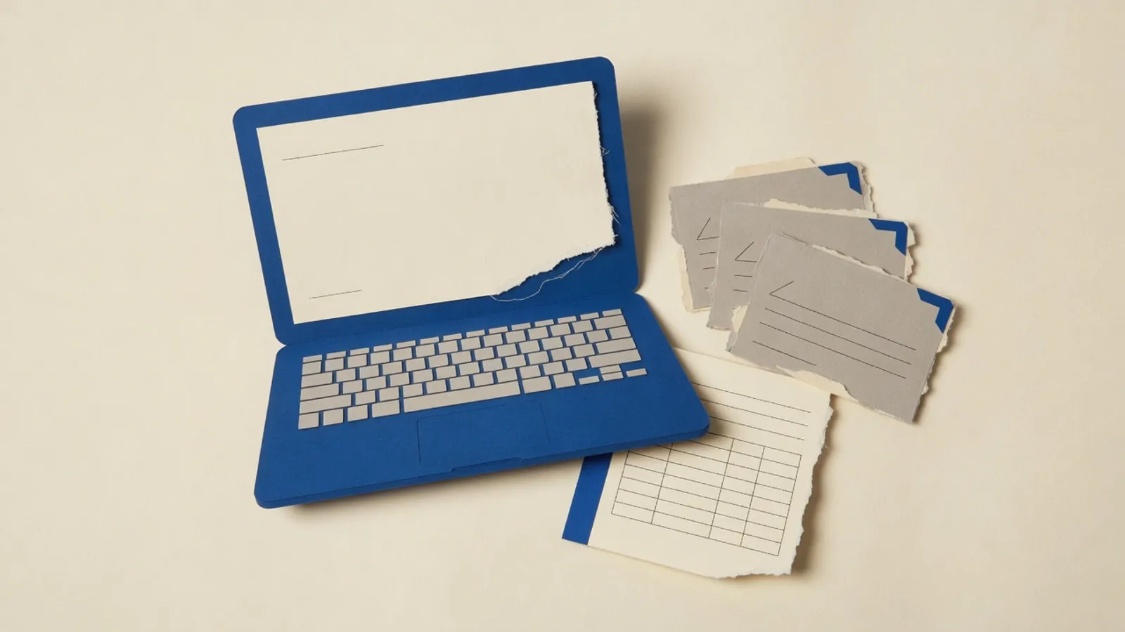 Laptop with a blank request form beside a stack of supplier reply cards and a customer offer sheet