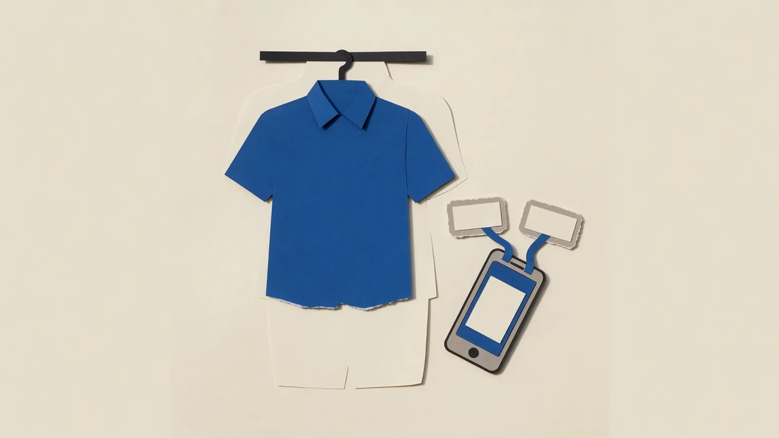 Hanging shirt overlaid on a blank torso on a phone, two small panels feeding into the phone.