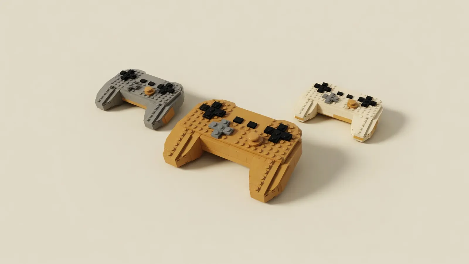 Three generic brick game controllers in a row, the larger ochre centre one set slightly forward.