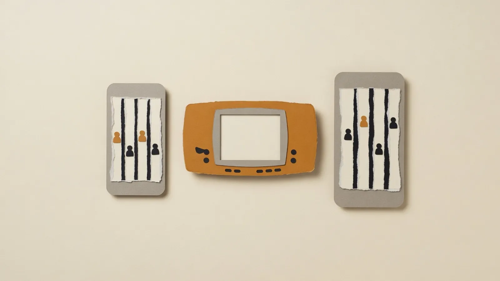 Blank-screen game handheld between two phones showing lane arenas and opposing player tokens.